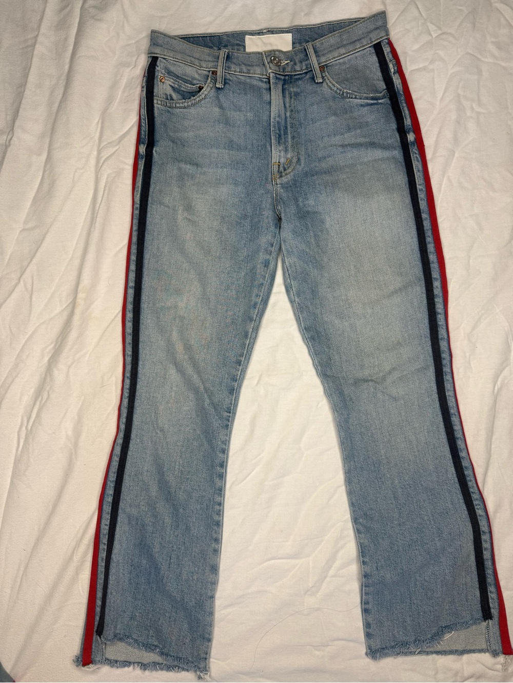 MOTHER The Insider Crop Light Blue Jeans with Red & Black Side Stripes